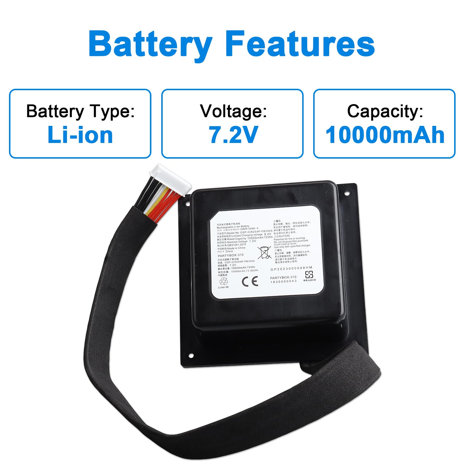 7,2 V 10000 mAh Batterie PartyBox 310 Compatible avec Les Enceintes Bluetooth Portables JBL PartyBox 310 SUN-INTE-125