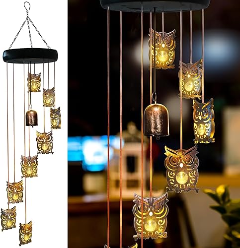 Miniatura 7 de Campanillas de viento solares de búho para exteriores, campanillas de viento solares para exteriores, luces colgantes LED cálidas, decoración de