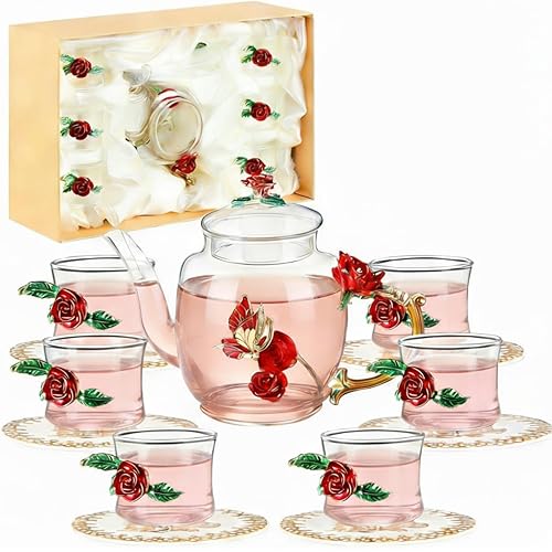 7 Pcs Floral Glass Tea Set for Women 14 oz Butterfly Vintage Teapot Set for Adults Glass Tea Gift for Valentine Spring Party Mother's Day Girlfriend Fancy Pot Cups with Gift Box(Red)