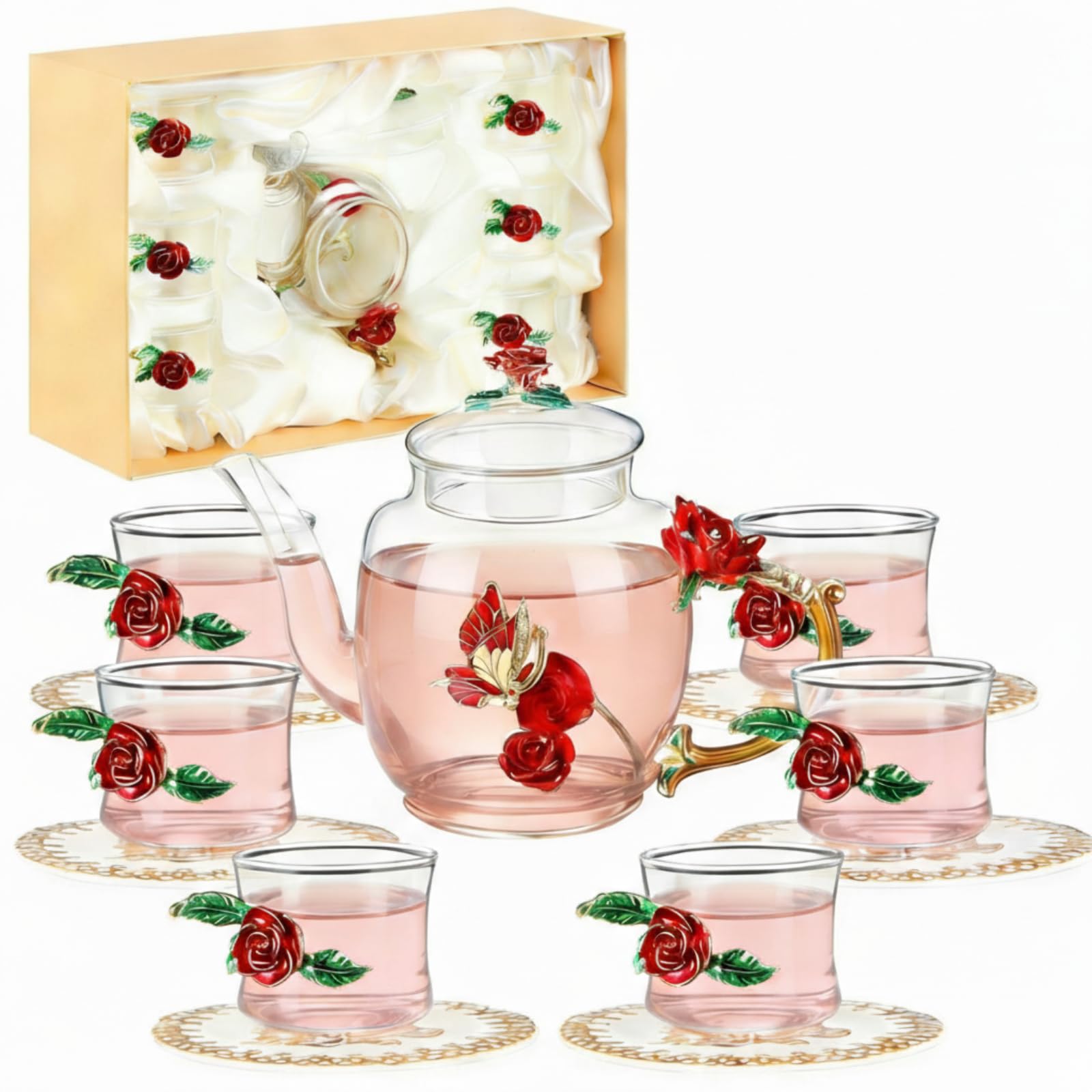 茶 moumom Amazon.com | Glass Tea Set 7 Pcs for Women Mother's Day, Rose