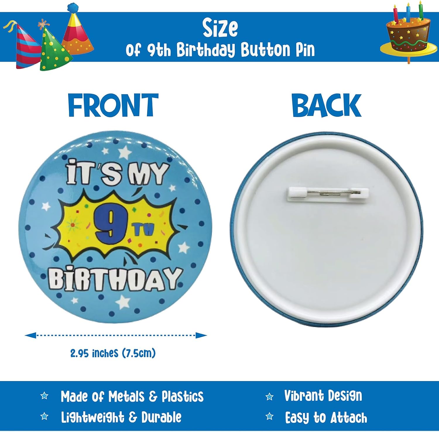 ZomefinKiu 9th Birthday Party Favors - Badge Button, Hat, and Decorations for 9 Year Old Boy's Outfit