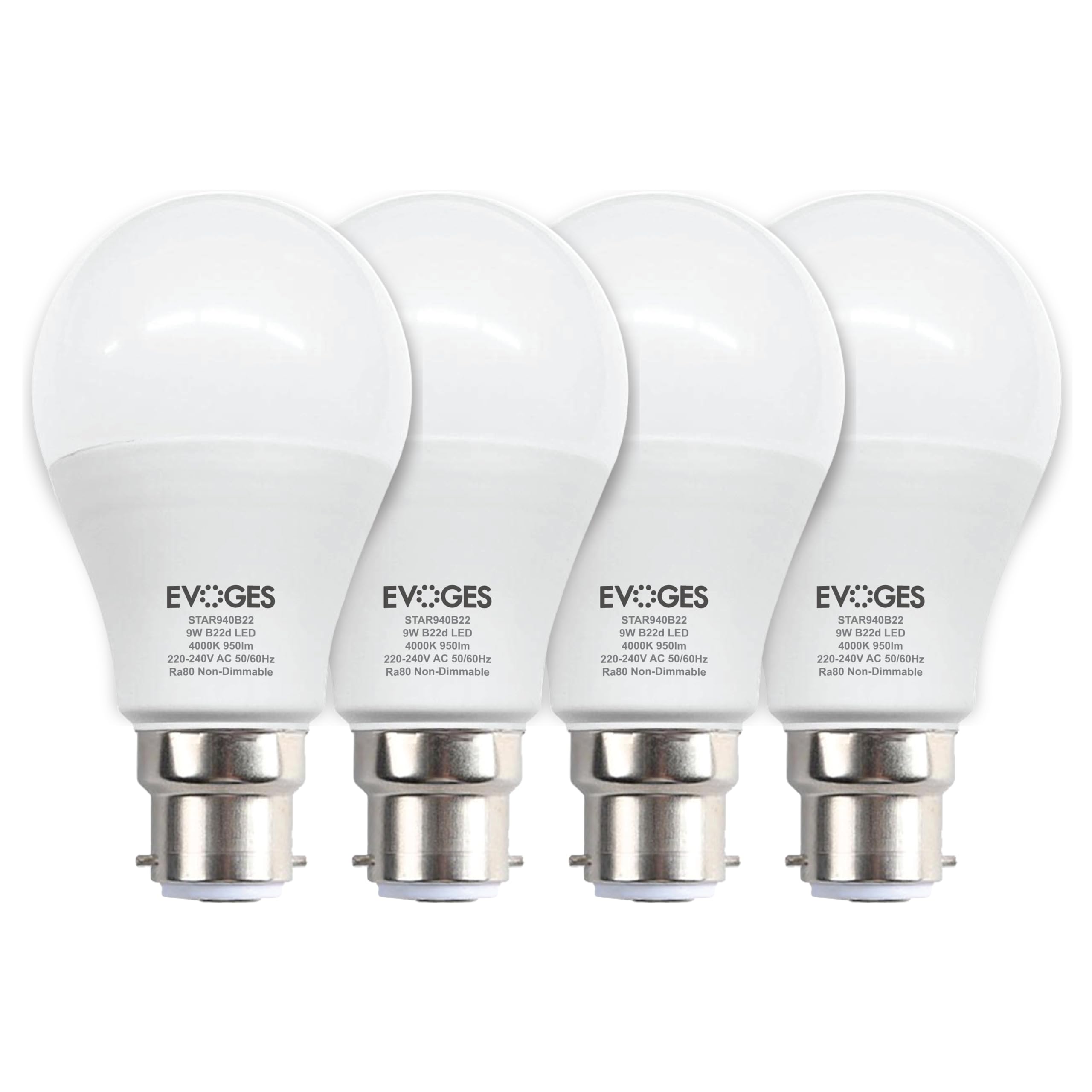 EVOGES 9W LED A60 Light Bulb B22 Bayonet Cap, 4000K Cool White, 950 Lumens, 25,000 Hours, Non-Dimmable, Pack of 4