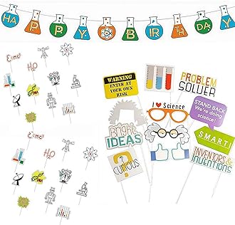 YiiiGoood Science Theme Birthday Decoration Kit Birthday Banner Cupcake Toppers PhotoBooth Props Mad Science Party for Baby Shower Mad Scientist Chemistry Laboratory Theme Party