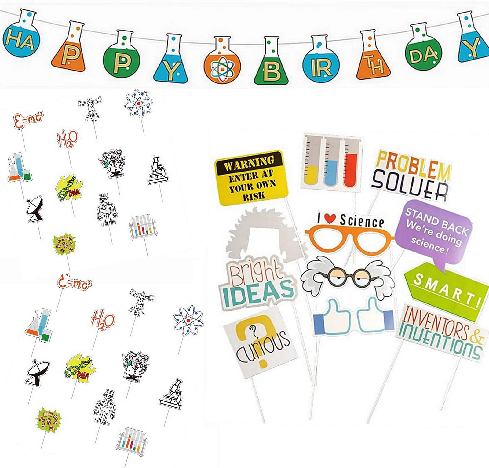Science Theme Birthday Decoration Kit Birthday Banner Cupcake Toppers PhotoBooth Props Mad Science Party for Mad Scientist Chemistry Laboratory Theme Party