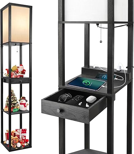 OUTON Lámpara de pie de lujo con 1 cajón, 2 puertos USB-C, 2 salidas de CA, lámpara de pie LED moderna con 3 temperaturas de color, pantalla de