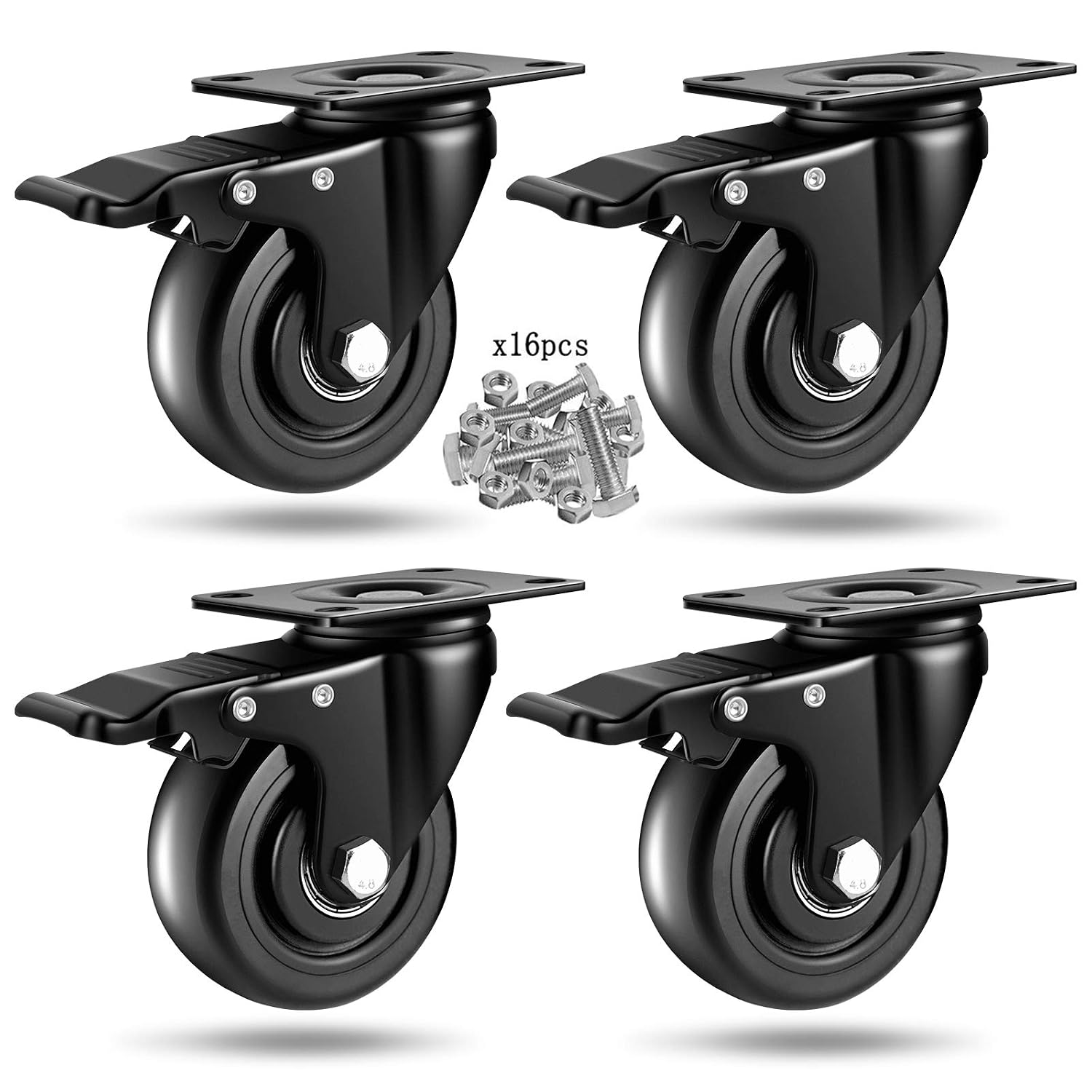 CORFICH 4" Caster Wheels Set of 4 with Safety Dual Locking, Corfich Swivel Plate Castors No Noise and Floor Protection, Heavy Duty 1200Lbs Pack of 4 All with Brake(4inch,Black)