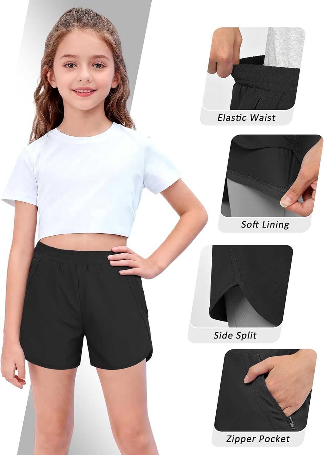 Resinta 3 Pack Girls Athletic Shorts High Waisted Quick Dry Running Shorts with Zipper Pockets Sports Active Shorts for Kids - Image 5