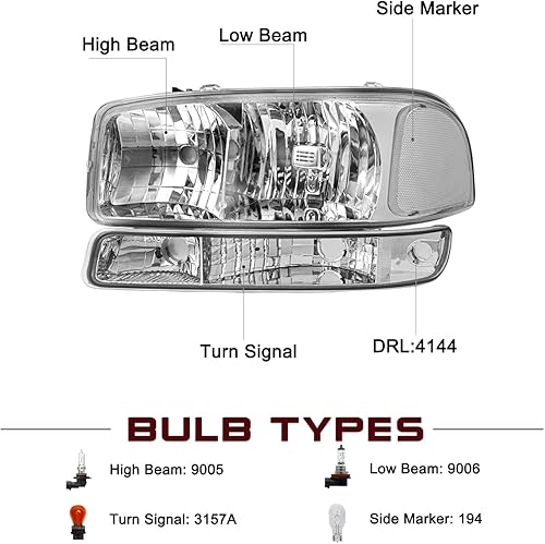 Miniatura 2 de JSBOYAT 4 unidades para GMC Sierra 1500 2500 3500 99-06 reemplazo de montaje de faros delanteros con bombillas 00-06 GMC YukonYukon XL con luz de