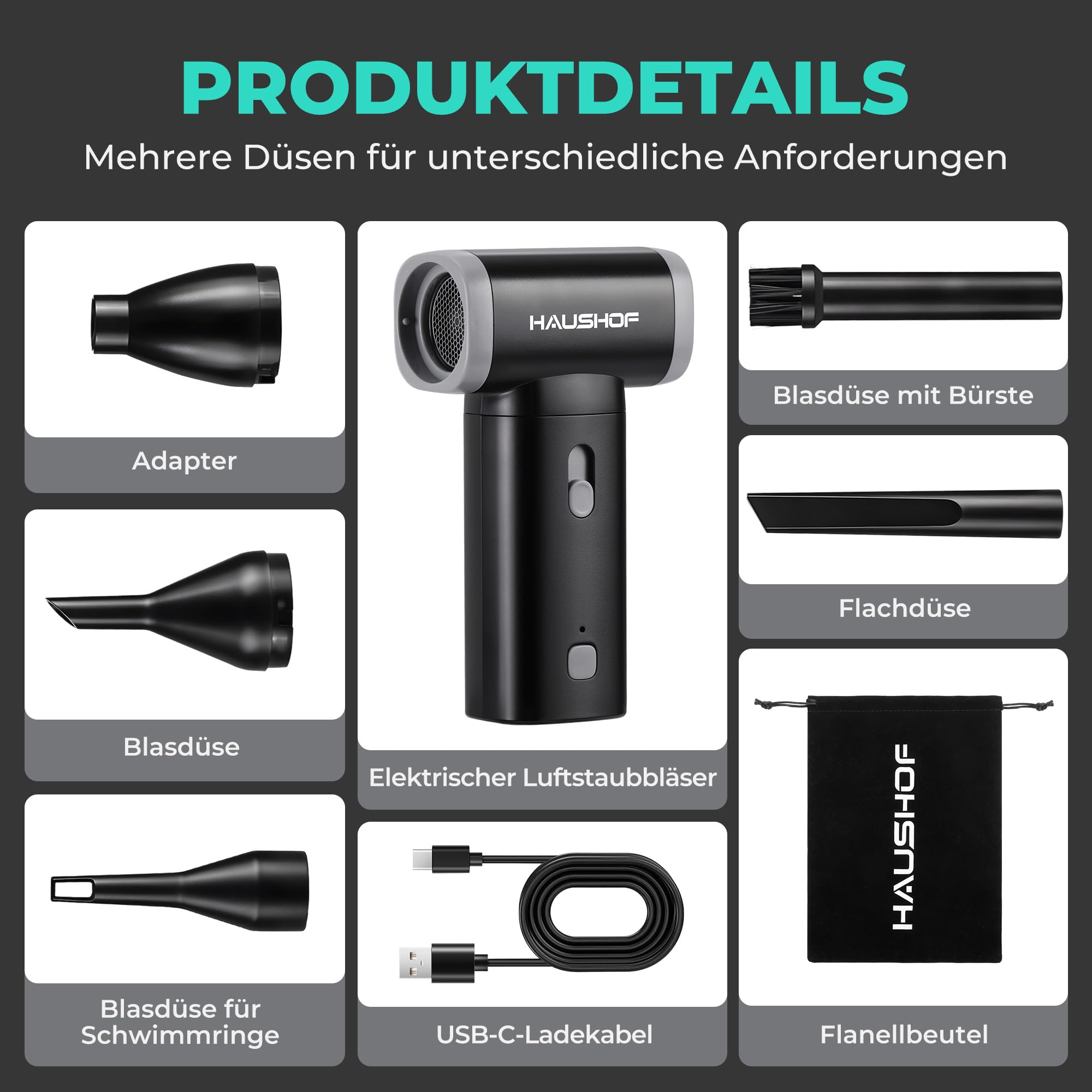 HAUSHOF Mini Elektrische Staubgebläse, Stufenlose 110000 RPM Air Duster, 235g USB-C Wiederaufladbares PC Reinigungsset, Leicht & tragbar Staubbläser für Tastatur, Auto, Sofa, Outdoor,Schwimmring