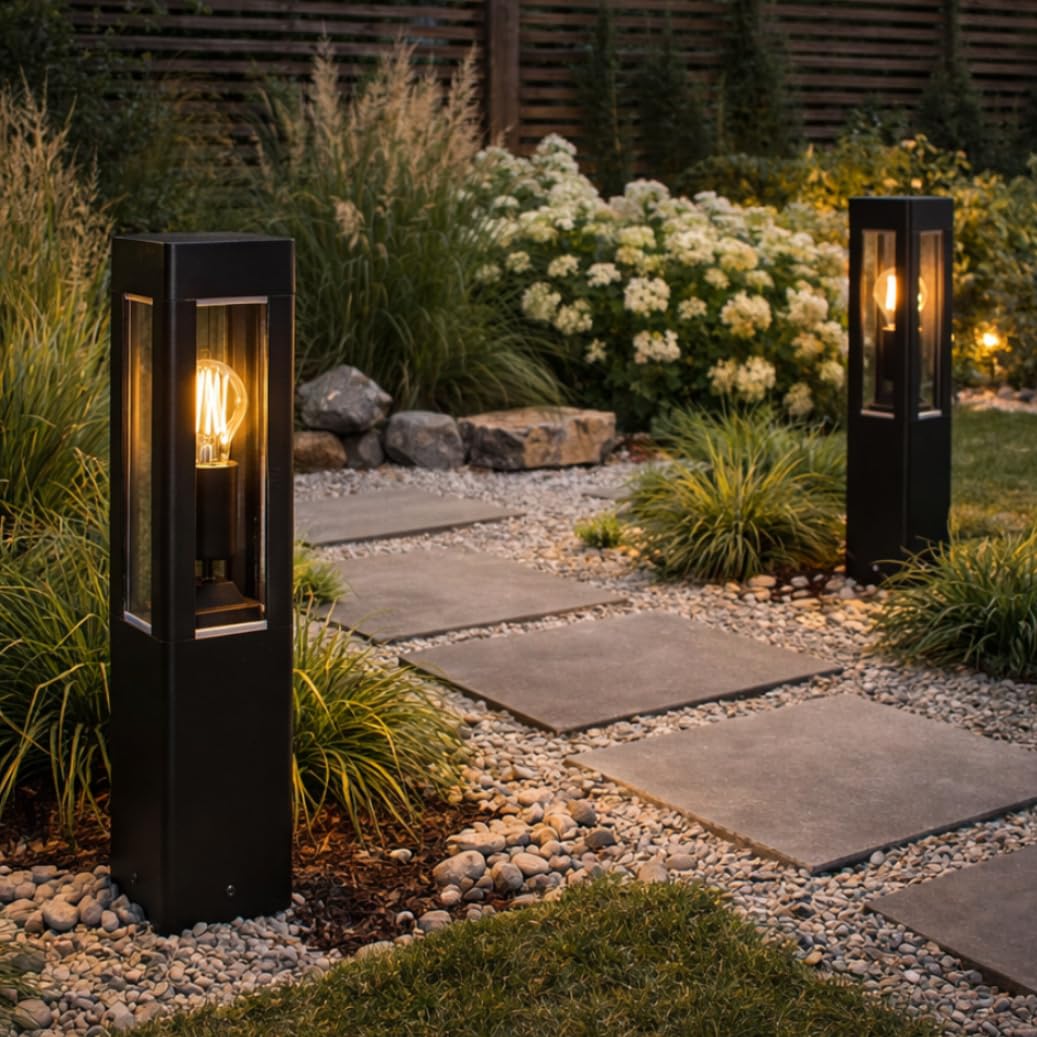 Lumiled Außenleuchte Pollerleuchte Außenstehleuchte Stehlampe Wegeleuchte Gartenleuchte Wegelampe stehend 50 cm IP44 Schwarz rechteckig spritzwasserdicht Aluminium E27 Fassung max 13W