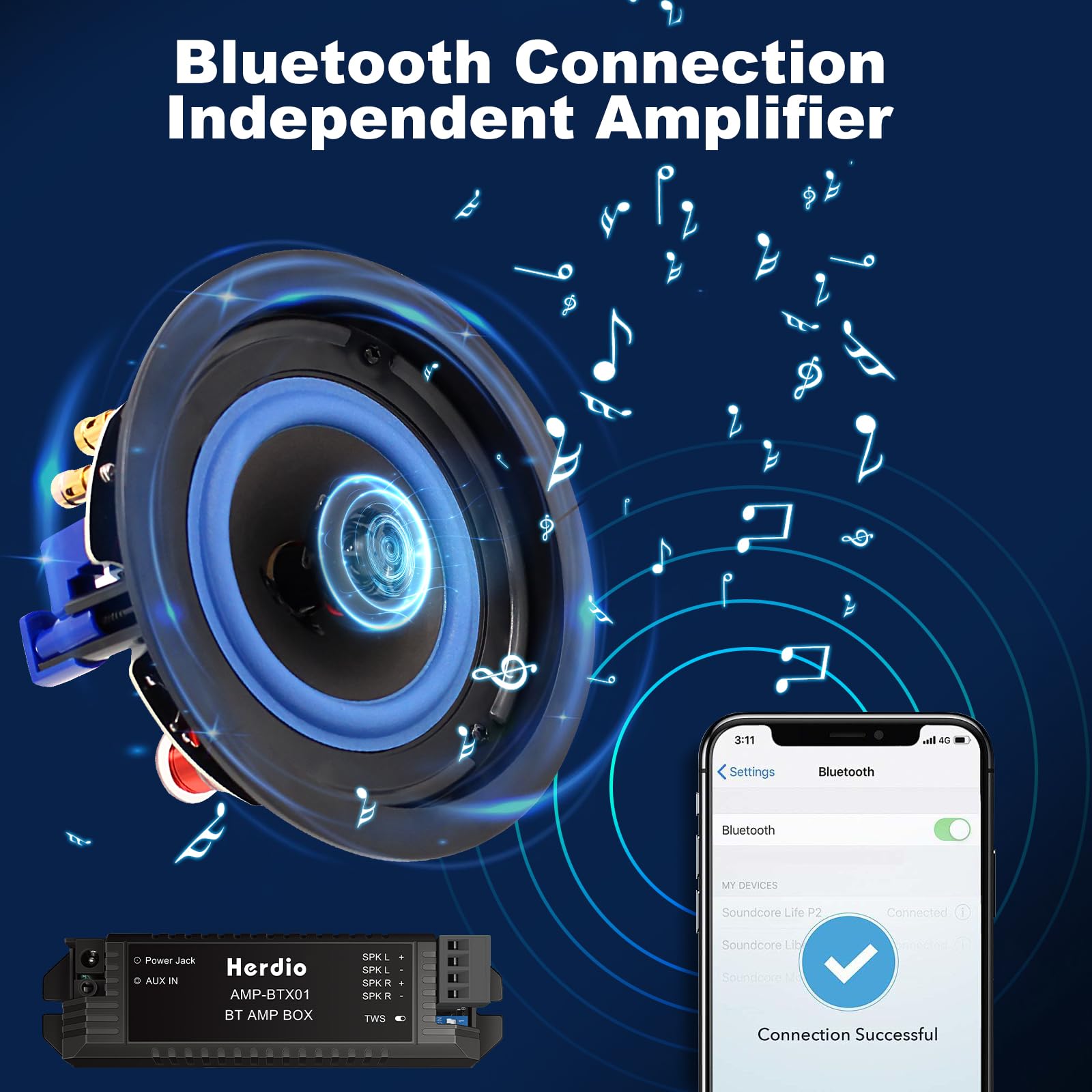 Herdio 4 cali głośnik sufitowy 160 W, kompatybilny z Bluetooth, kolor biały, głośnik sufitowy w łazience, kolor biały