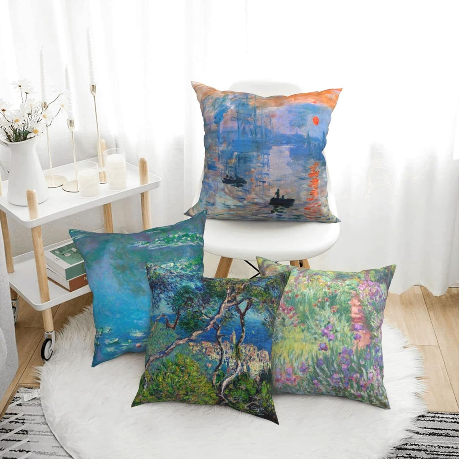 Claude Monet Pillow Covers 18x18 inches Set of 4 Sunrise Water Lilies Pillow Cases Impressionist Painting Cushion Covers