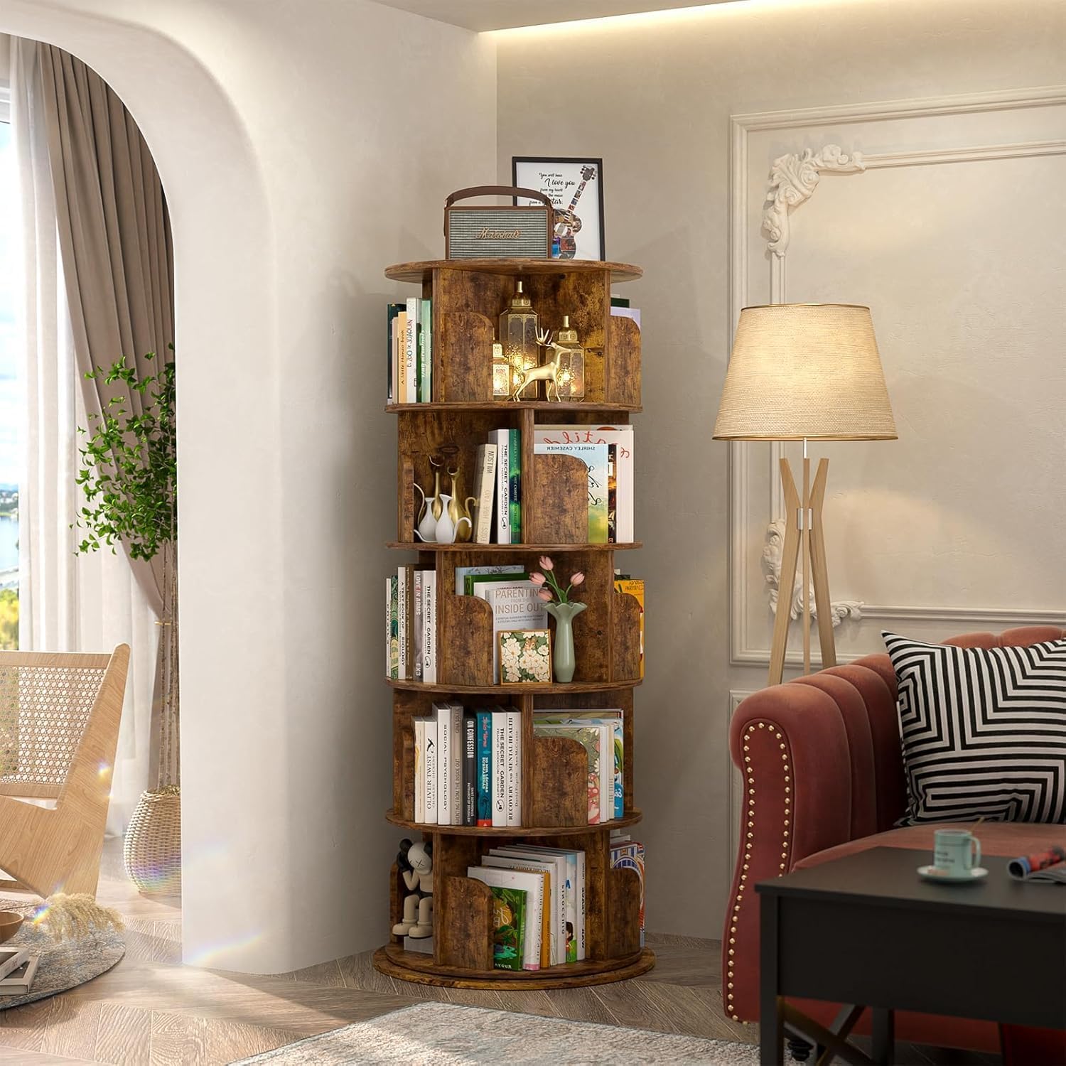 iSunirm Bibliothèque rotative à 5 Niveaux, Tour en Bois, bibliothèque Ronde pivotante à 360°, étagère étroite pivotante à roulettes, pour Chambre à Coucher, Bureau, Marron