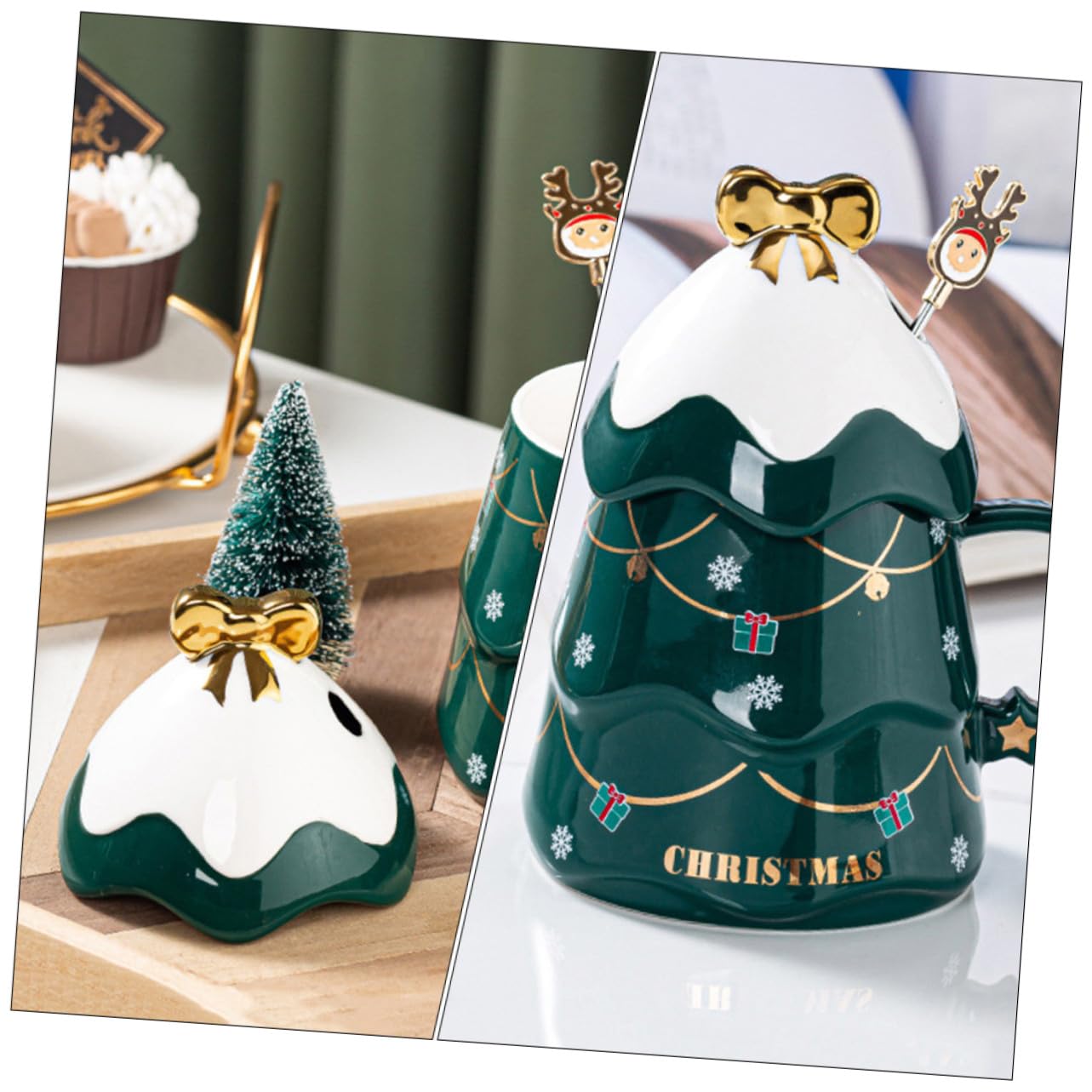 Taza de Cerámica Creativa Forma de Árbol de Navidad, Capacidad 500ml, Tapa y Cuchara para Café en Casa u Oficina