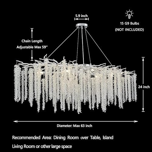 Miniatura 4 de Lámpara de araña moderna de cristal para comedor, 63 pulgadas de largo, 15 luces, iluminación colgante de rama de árbol de lujo con cristales,