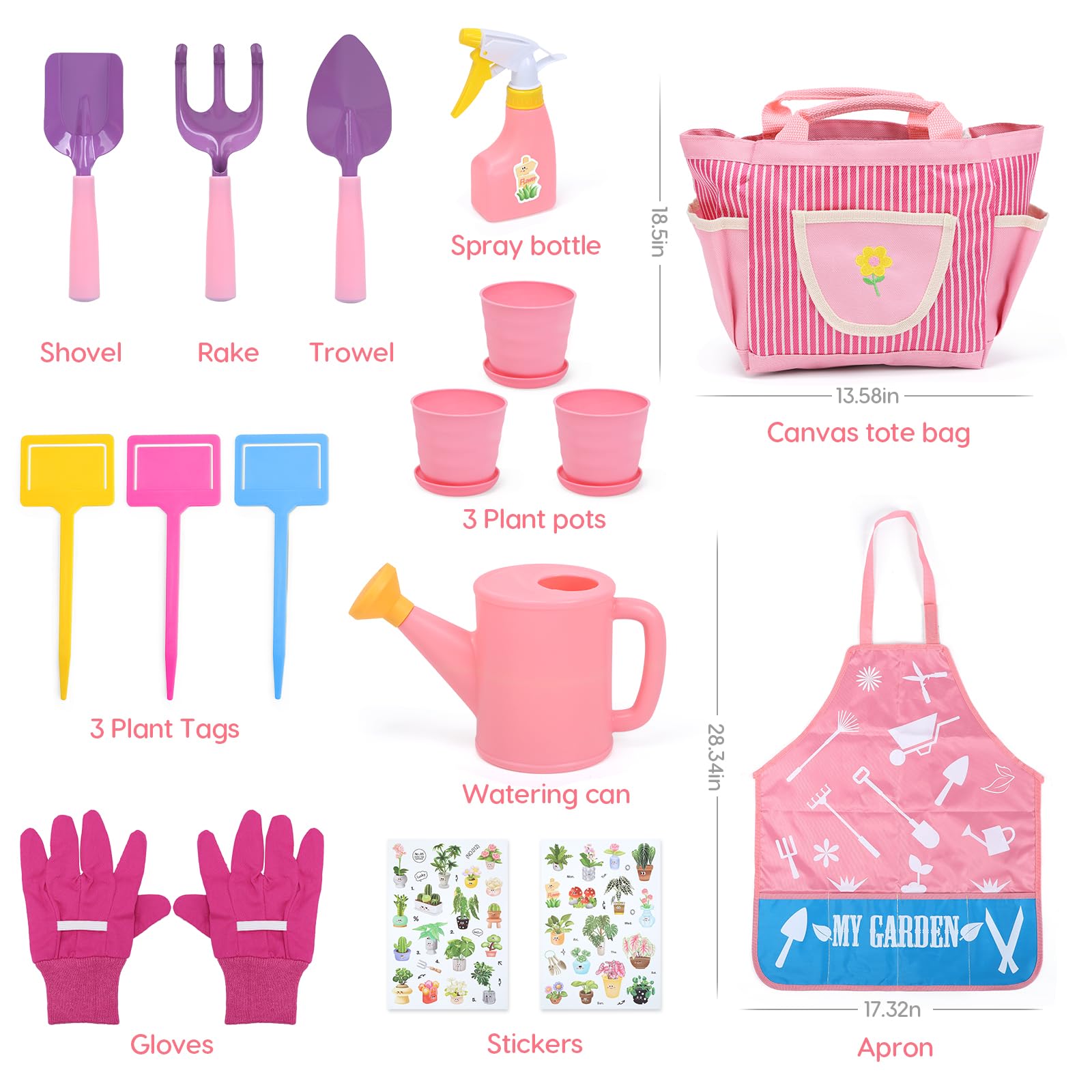 CUTE STONE Set Di Attrezzi Da Giardino per Bambini, Kit Giardinaggio Bambini Include Grembiule, Guanti Da Giardino, Paletta Giardinaggio, Borsa Da Giardinogiocattoli da esterno per bambini (Rosa).