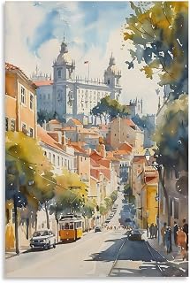 ZJLAMZ Watercolor Painting Lisbon Portugal Wall Art Travel Poster Art Decor Living Room Prints Watercolor A Canvas Poster Wall Art Print Unframe 12x18inch(30x45cm)