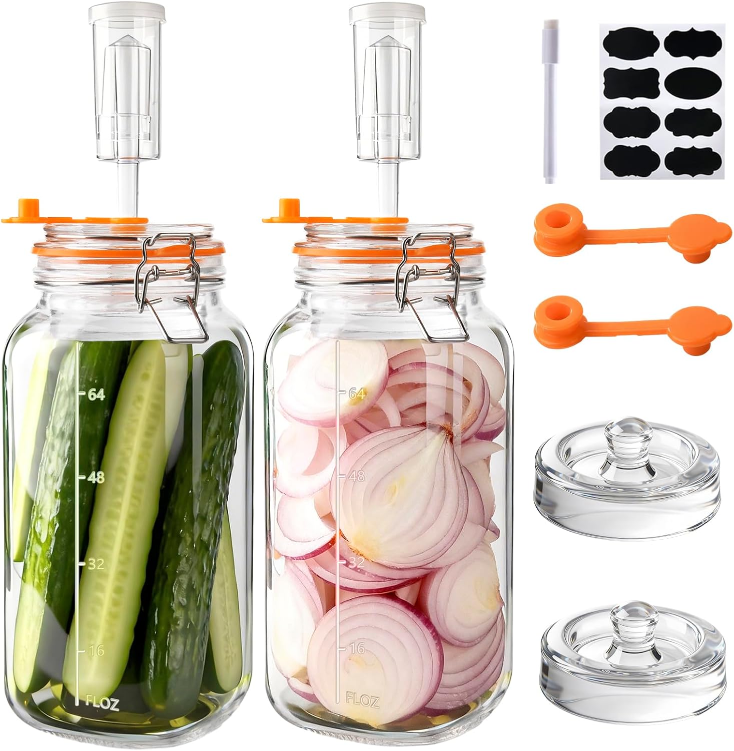 2 Pack 64oz/2L Glass Fermenting Jars with Airlocks & Weights – 3.3" Wide Mouth Sauerkraut Jar Set for Pickles, Kombucha, Kimchi – Complete Home Fermentation Kit for Beginners