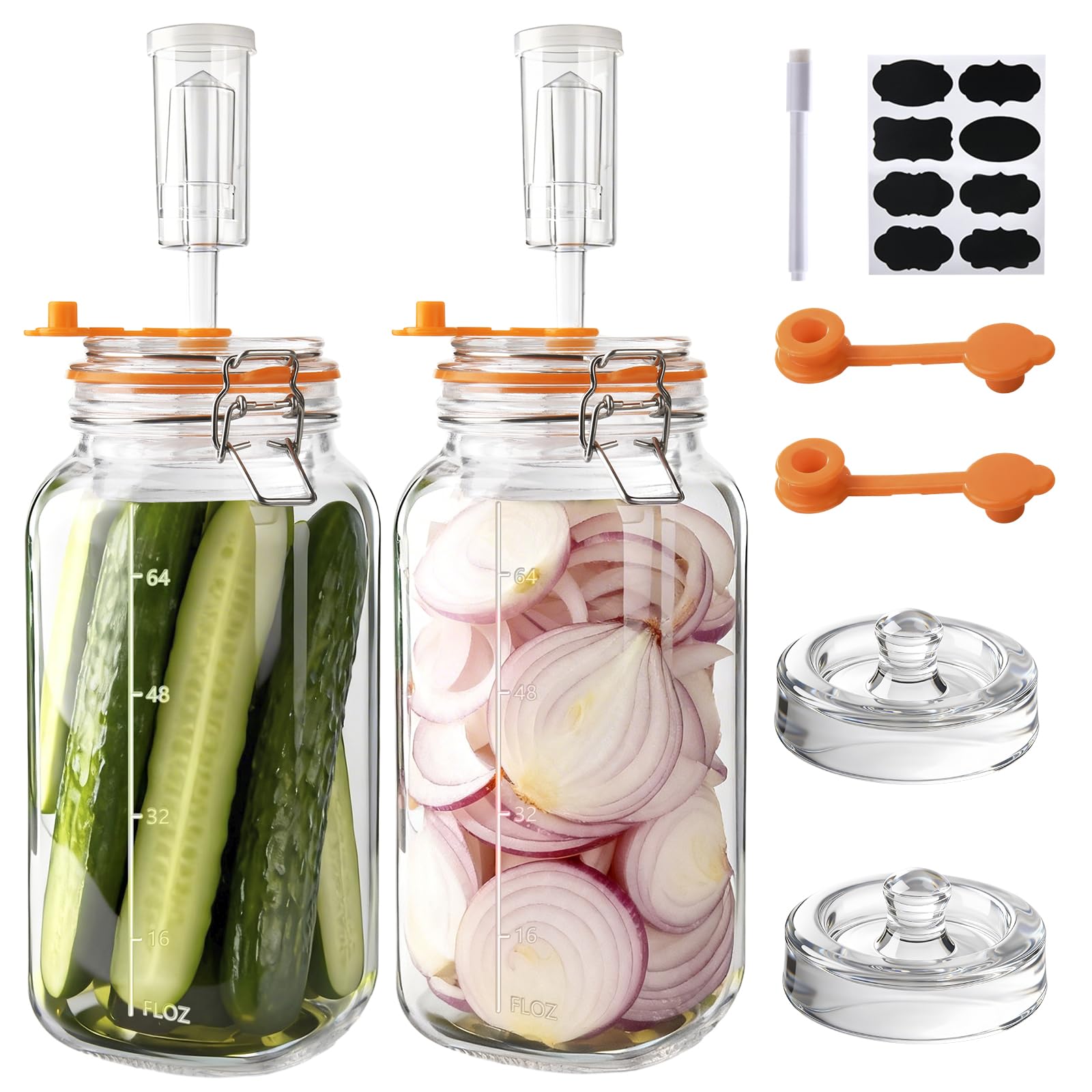 YBCPACK 2 Pack 2L Glass Fermentation Jars with Weights & Airlocks, 0.5 Gallon Wide Mouth Fermenting Jars Kit for Sauerkraut, Kimchi Container, Kombucha Brewing