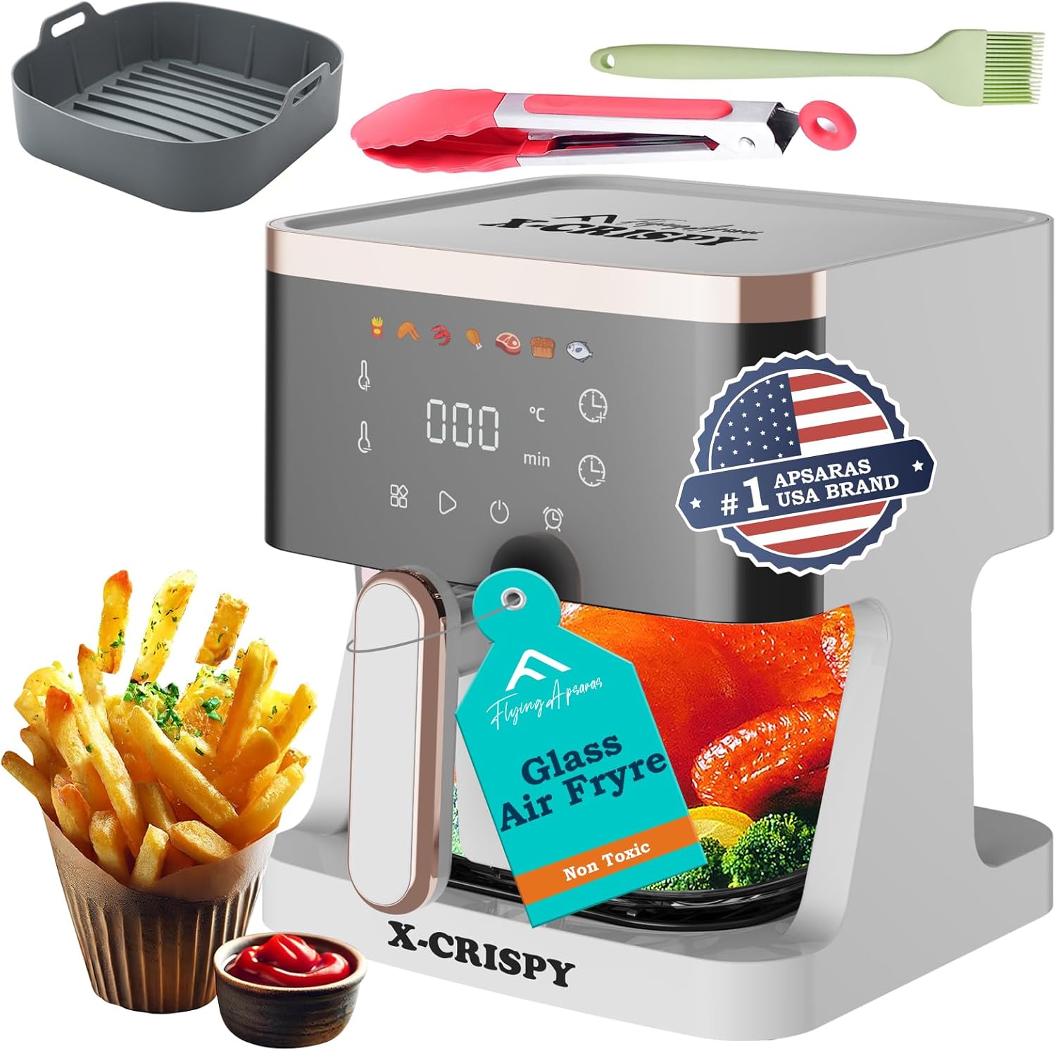 APSARAS USA Glass Air Fryer Non Toxic,5.2 QT Air Fryer with Viewing Glass Pot,Transparent Fry Bowl for Best Cooking Results,Cook Shrimp, Steak, Fries, Wings, Chicken & More 97% Less Oil