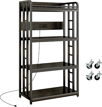 METYERRY Adjustable 4-Tier Heavy Duty Kitchen Bakers Rack with Power Outlet, with Industrial Wheels, Free Standing Microwave Oven Cart Stand for Storage, Garage, Mini Fridge Stand, Black