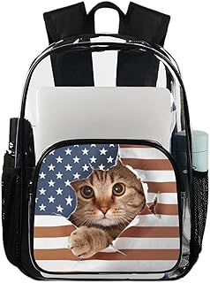 Mochila transparente de gatos de desenho animado sacos de livros resistentes, gato 3D bandeira dos EUA mochila transparente impermeável PVC mochila transparente com alça de ombro reforçada para escola, trabalho, viagens, Multicor