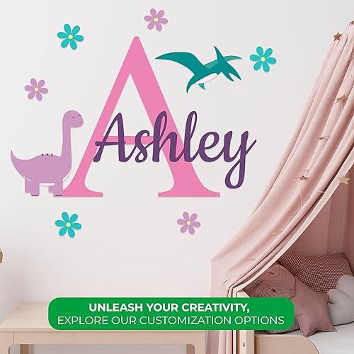 Miniatura 2 de EGD Calcomanías de pared de dinosaurio con nombre y letra inicial de fuente múltiple, decoración de dormitorio de dinosaurio para niños o niñas,