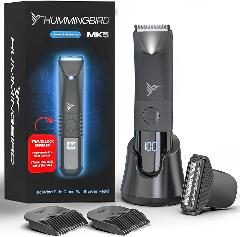 HUMMINGBIRD MK5 Aparador corporal masculino com lâmina de cerâmica, impermeável, recarregável via USB-C, visor LED, base de carregamento e estojo