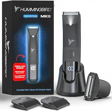 ماكينة تشذيب شعر العانة HUMMINGBIRD MK5 للرجال بشفرة سيراميك، بدون خدش، بدون قطع، ماكينة تشذيب كروية، مقاومة للماء، قابلة لإعادة الشحن عبر USB-C، شاشة LED، قاعدة شحن وحقيبة سفر، ماكينة تشذيب للجسم وماكينة حلاقة كروية