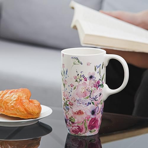 Miniatura 44 de Taza de café de viaje de cerámica con tapa para el hogar y la oficina, taza de té alta de porcelana de 17 onzas con mango de arte floral en caja