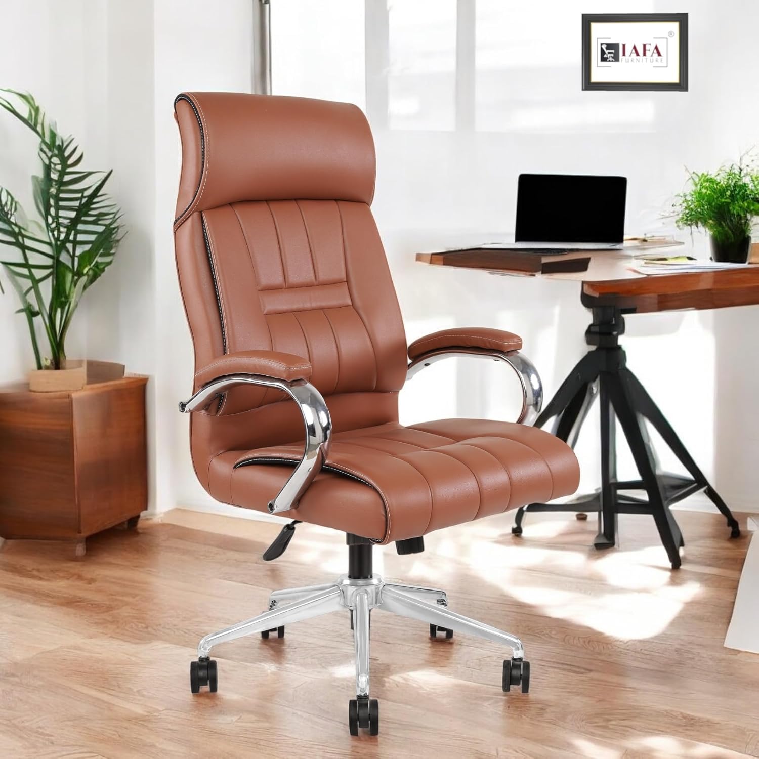 Zen Leatherette Home/Office Desk Chair, High Back Ergonomic Leather with Fixed Armrests Orthopedic Chair with Spacious Cushioned Seat | Heavy Duty Metal Base (Brown) (DIY)