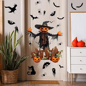 Halloween Pumpkin Scarecrow Door Sticker Funny Scary Pumpkin Scarecrow Door Decal Decoration Halloween Scarecrow Pumpkin Stickers for Decoration Indoor Outdoor Party Haunted House Supplies