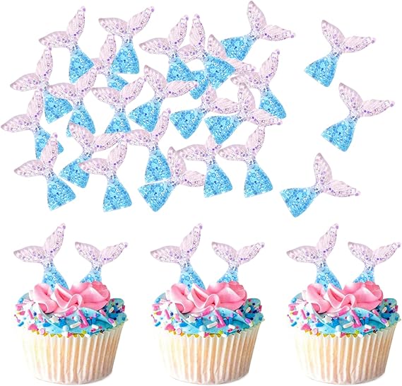 20 Pack Mermaid Tail Cupcake Toppers Mini Under the Sea Mermaid Tail Figures Cupcake Picks Mermaid Party Decoration Baby Shower Supplies blue