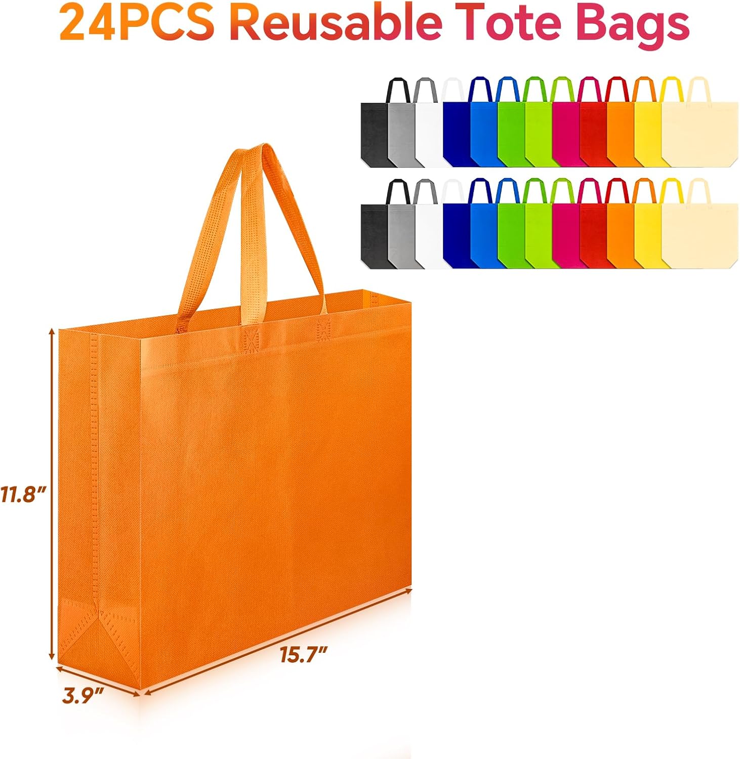 24 Pack Reusable Grocery Bags, Colorful Non-Woven Shopping Bags, Foldable Tote Bags Bulk - Image 4