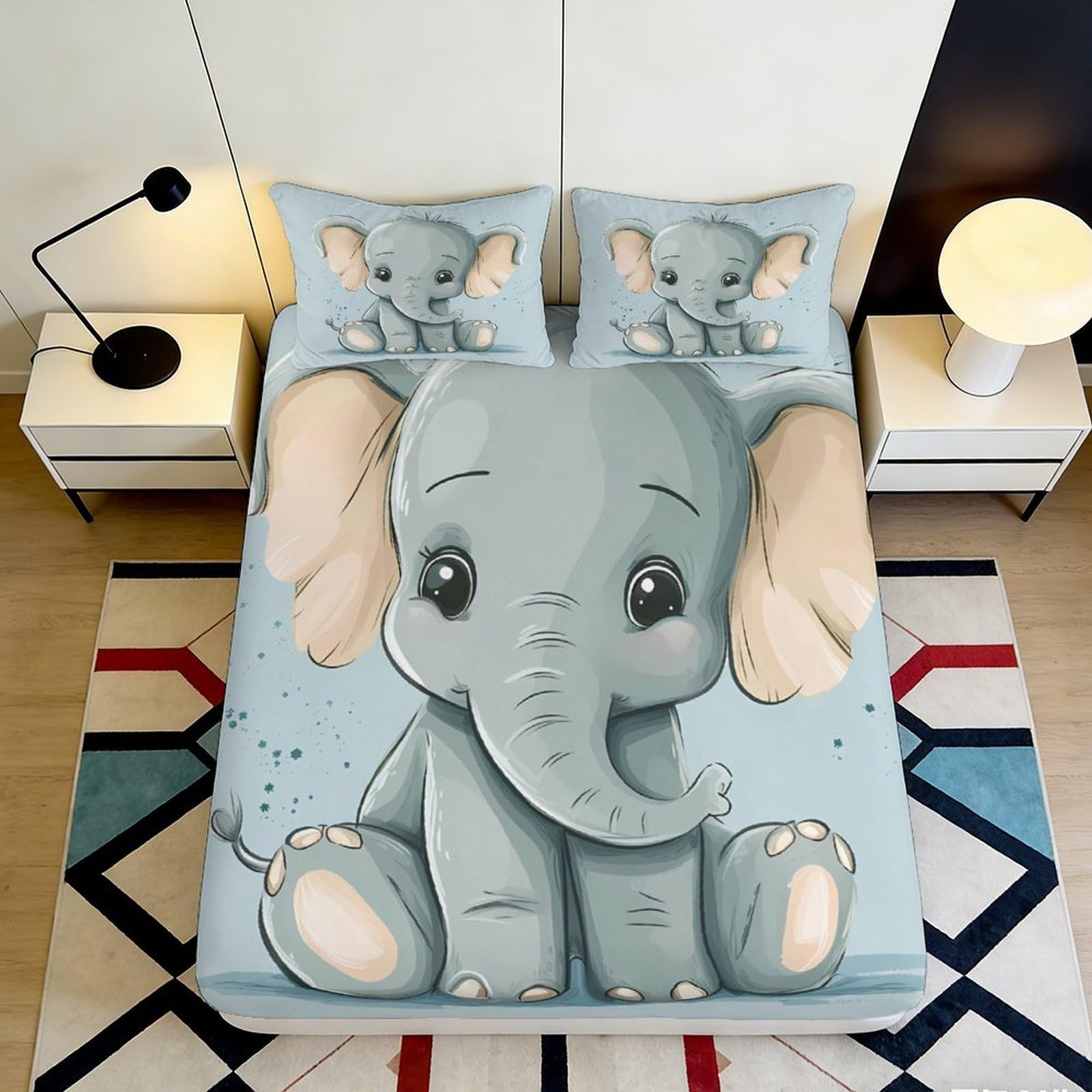 3D Printed Cartoon Elephant Fitted Sheet Microfiber Deep Pocket Elastic Hem Elephant Mattress Fitted Cover Bedroom Bedding Set Adults Teens 140x200x25cm