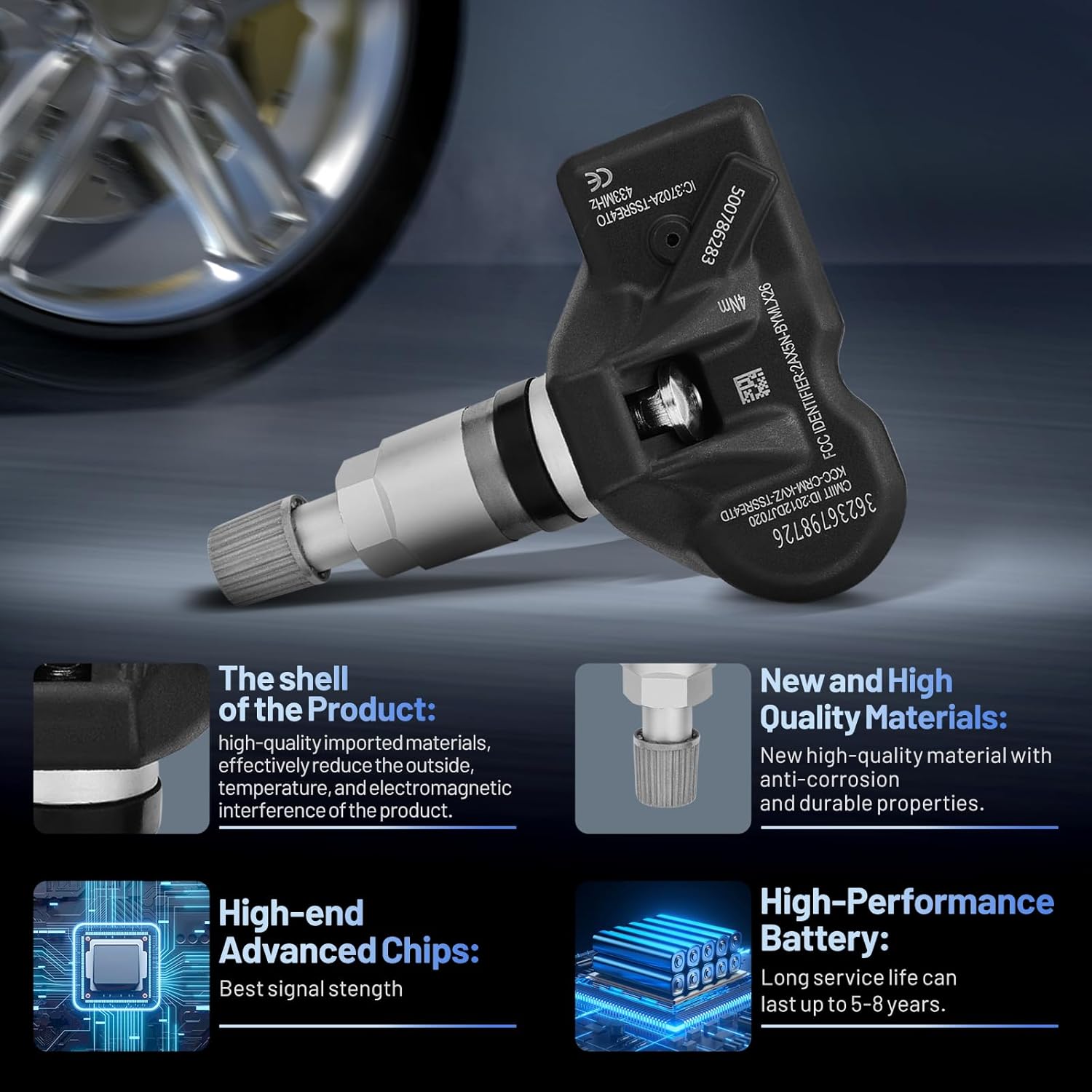 TPMS Sensor 36236798726 for GM 433MHz Tire Pressure Monitoring Sensor Compatible with BMW, Compatible with Audi, Compatible with Martin Compatible with Bentley Replaces 7PP907275F (4 Pack)