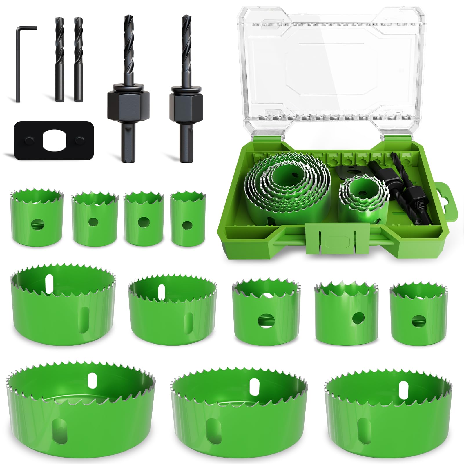Hole Saw Set, 18PCS 19-79mm Hole Cutter Set Carbon Steel Downlights Drill Bit Tools for Soft Wood, Plasterboard, Plastic Ultra-Sharp Teeth Quick-Change Arbor, Includes Mandrel & Hex Key