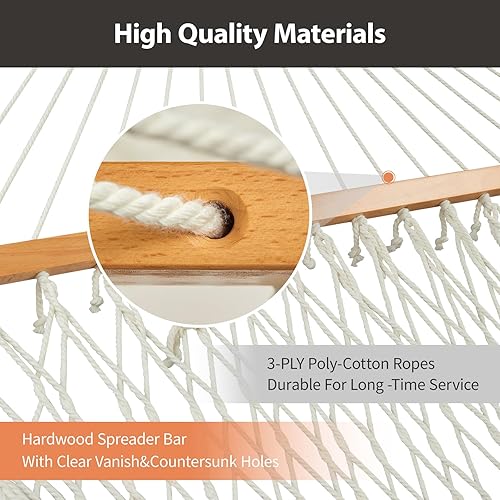 Miniatura 5 de CHULIM Hamaca doble al aire libre con barras de esparcidor de madera dura, hamaca de cuerda grande con almohada de poliéster y cojín, capacidad de