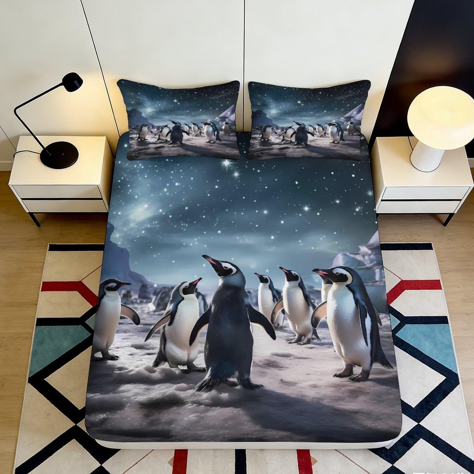 3D Printed Penguin Fitted Sheet Microfiber Deep Pocket Bedroom Bedding Penguin Mattress Fitted Cover Anti-Slip for Adults Teens 140x200x25cm