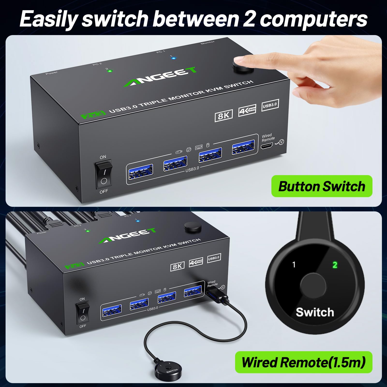 Switch KVM 3 Monitor, 2 computer 8K @60Hz 4K @144Hz, ANGEET HDMI Displayport KVM Switch Triple Monitor per 2 computer Share 3 Monitor e 4 dispositivi USB3.0, con telecomando cablato e adattatore di