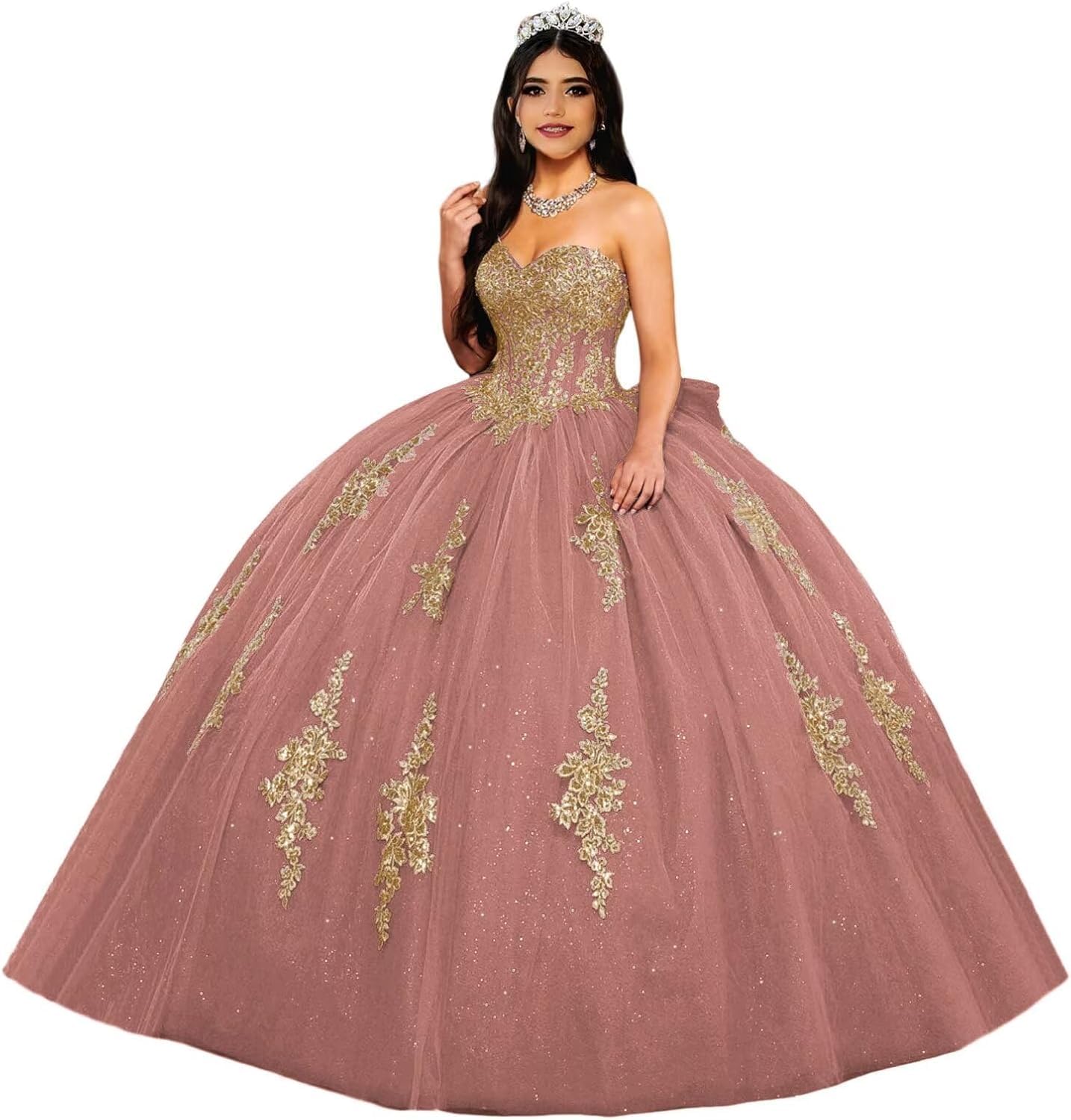 Fuomomo Women's Dusty Rose Gold Lace Appliques Sweetheart Quinceanera Dresses Puffy Ball Gowns Strapless Prom Dresses With Bow Mt035
