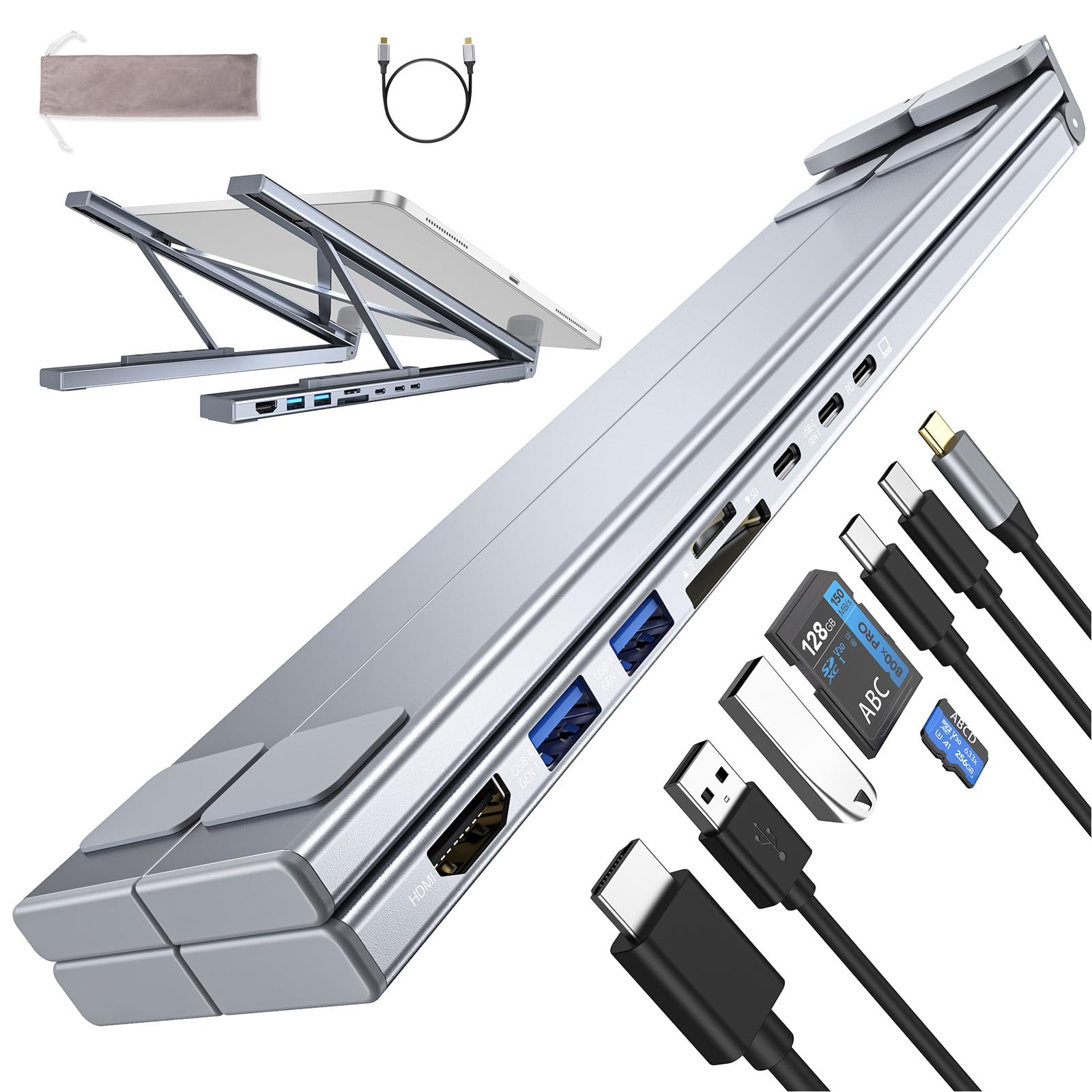 Stacja dokująca USB-C stojak na laptopa, 8 w 1, koncentrator USB C, składany stojak na tablet z 4K HDMI, USB 3.0, PD 100 W, karta SD/TF, uniwersalna stacja dokująca do MacBooka/MacBooka Pro