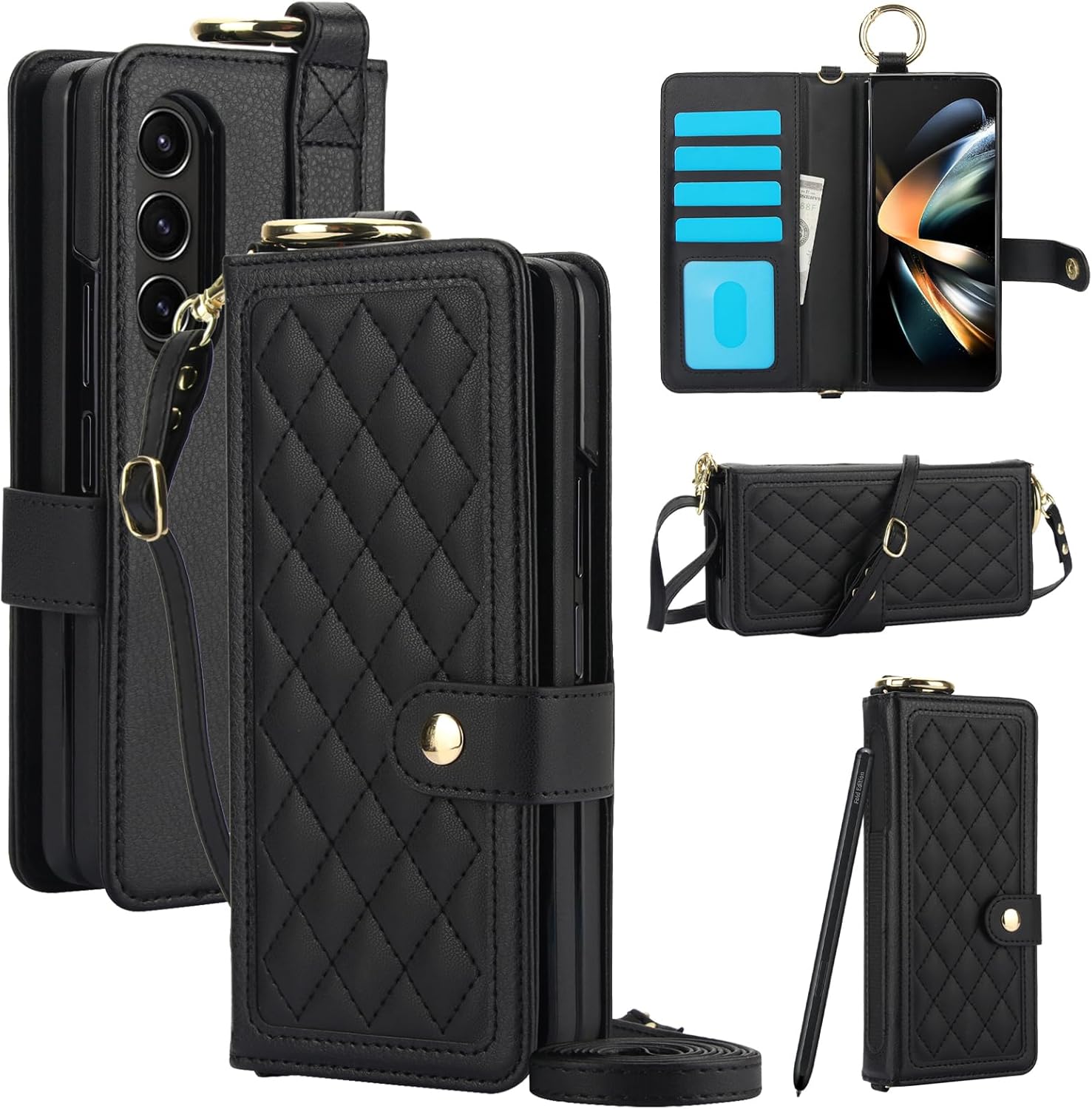 Asuwish Phone Case for Samsung Galaxy Z Fold 4 5G 2022 Wallet Cover with S Pen Holder & Crossbody Lanyard Strap Credit Card Slot RFID Blocking ZFold4 Z4 Fold4 4Z ZFold45G Women Men Girls Black