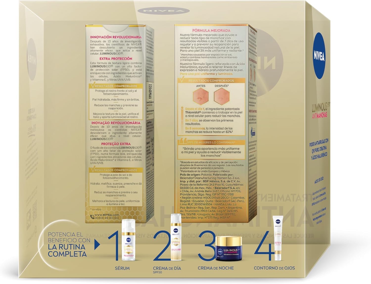 NIVEA Cellular Luminous630 - Set Antimanchas - Sérum 30 ml y Crema de Día FP50 40 ml - Antimanchas, Hidratación y Protección Solar - Ácido Hialurónico, Thiamidol - Piel Uniforme - Todo Tipo de Piel