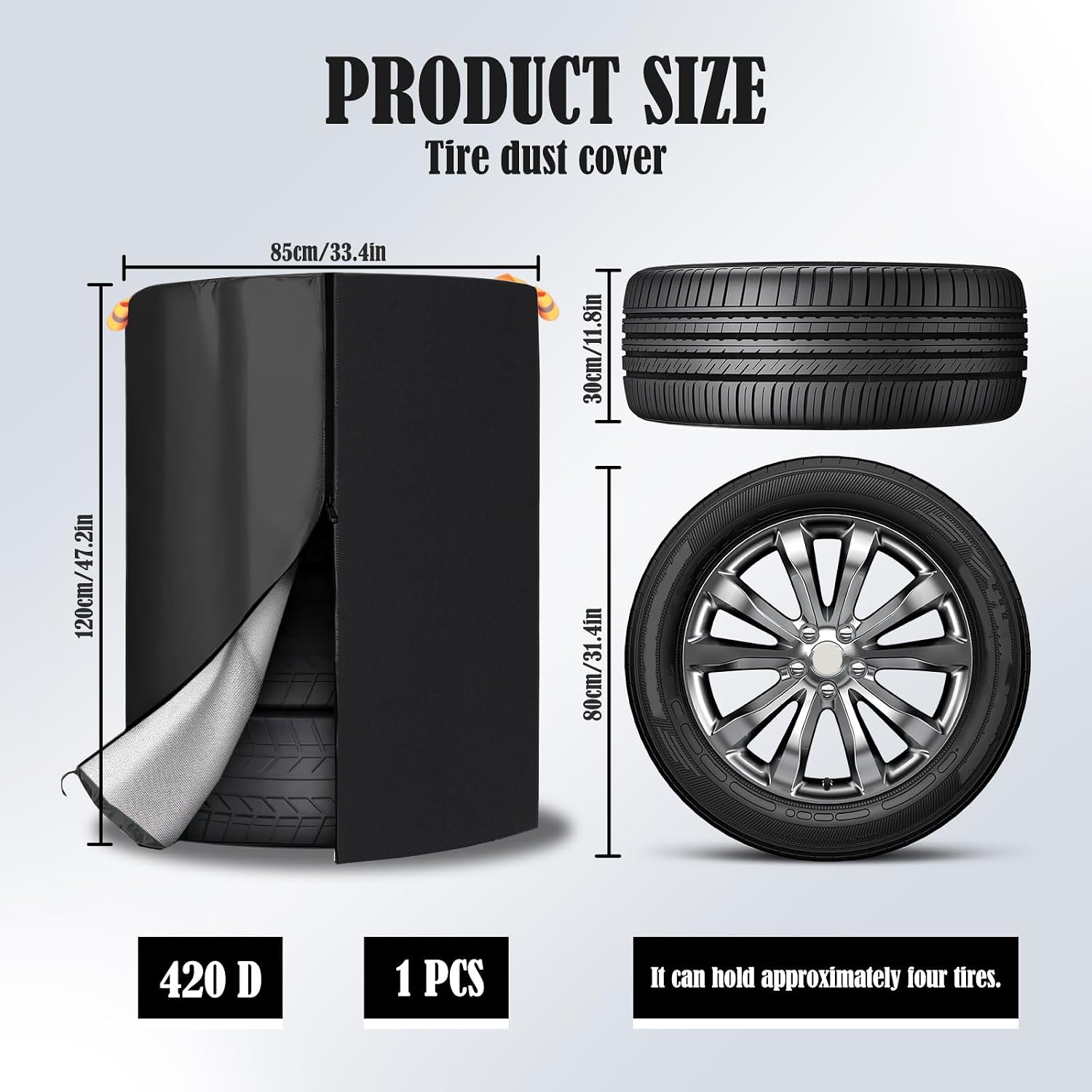 420D Oxford Tire Storage Cover with Zipper & Drawstring Lock, Seasonal Tire Stack Cover, Waterproof Wheel Storage Protector for Trailer RV Truck (Holding 4 Tyres Within 32" Diameter)