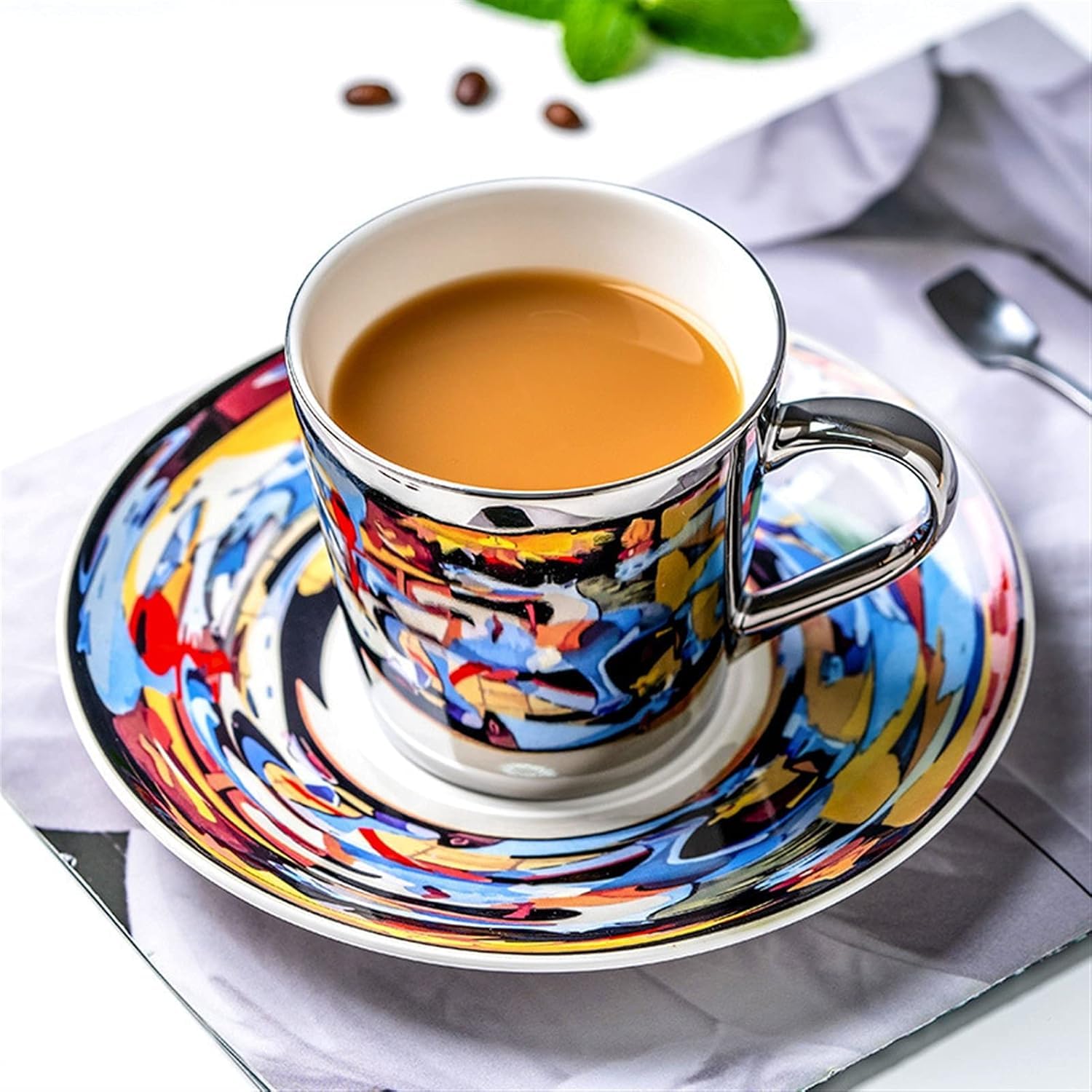 Tazas De Cafe Juego De Tazas Y Platillos Té, Café Con Reflejo Espejo, Agua Vidrio, Utensilios Creativos(Peacock Blue)