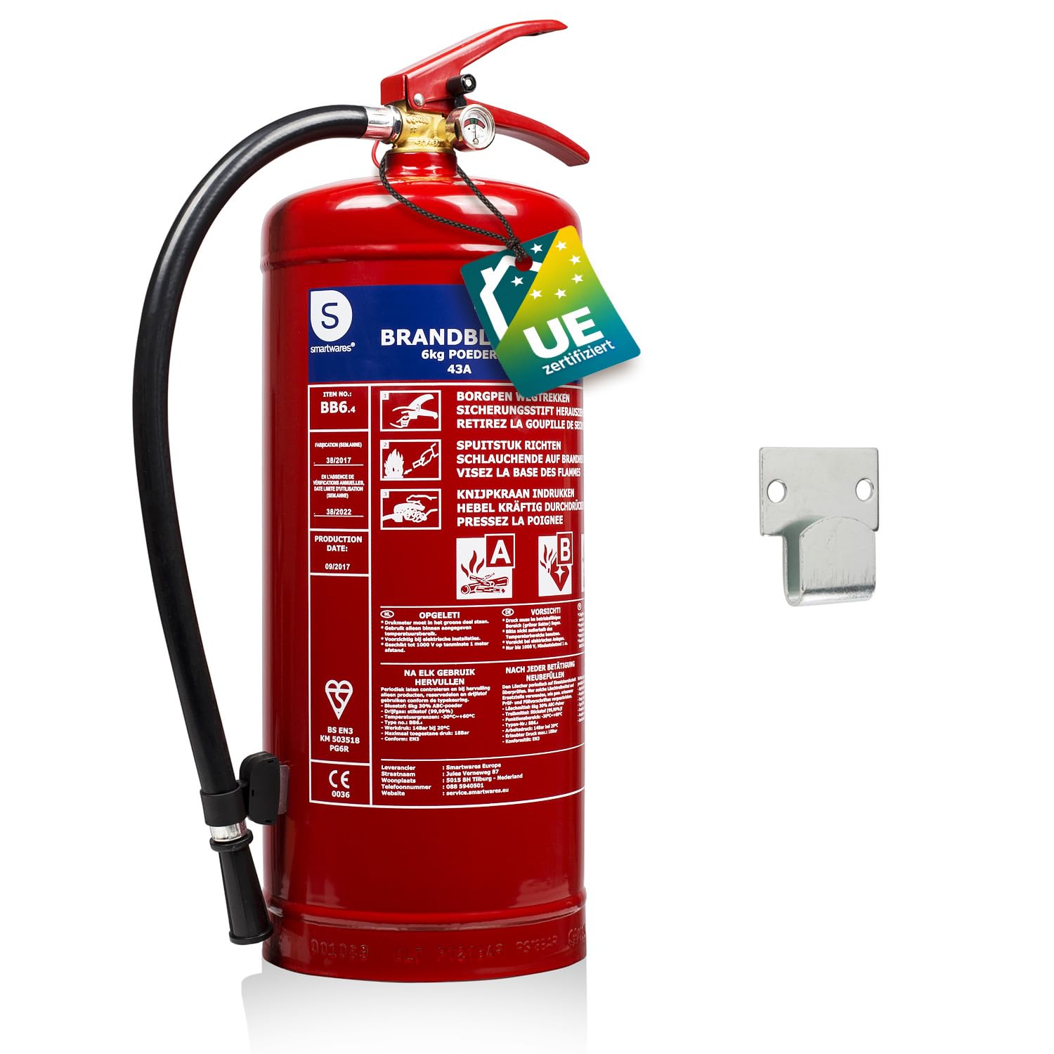 Smartwares Pulverlöscher – 6 kg – für ABC Brände – mit Halterung – FEX-15167