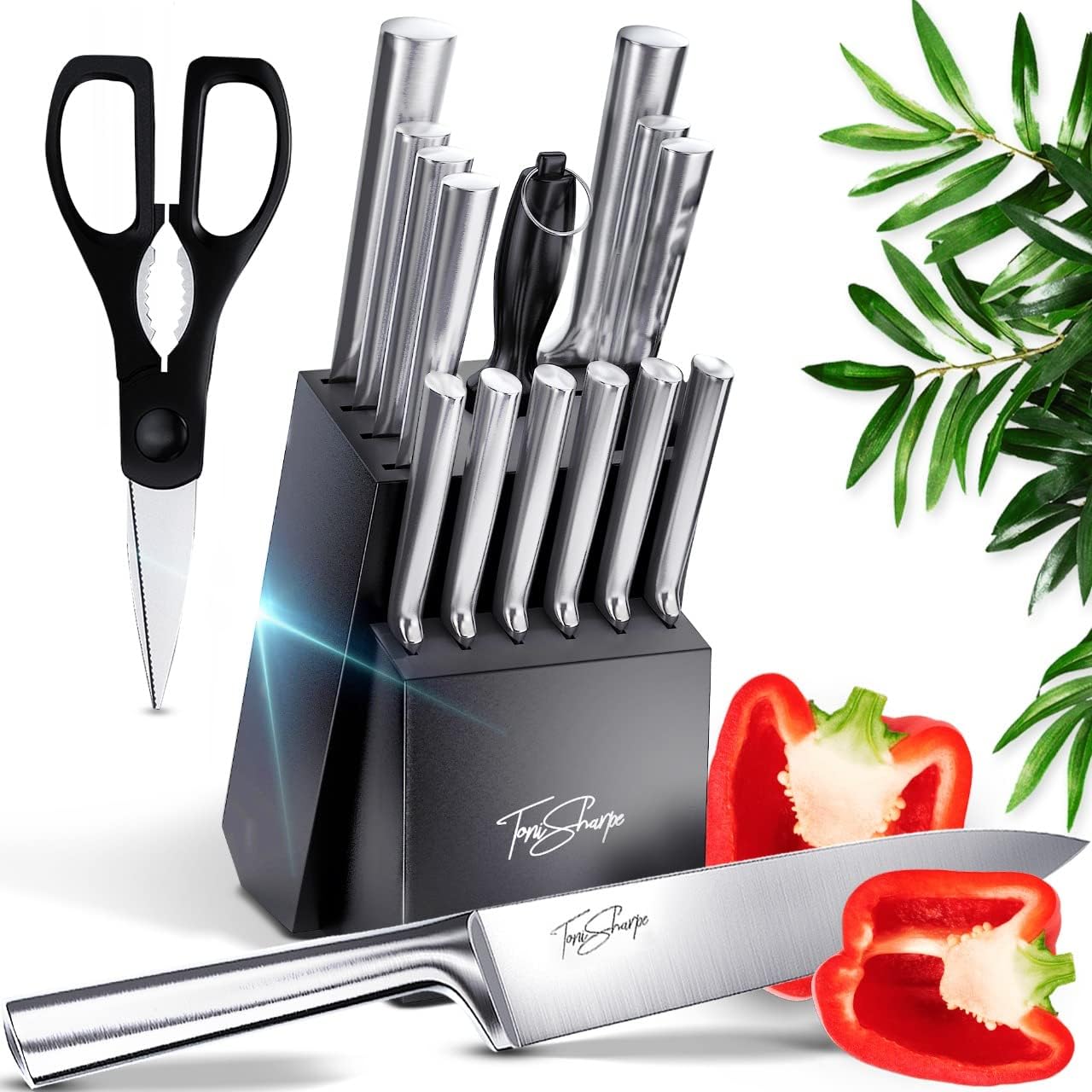 16Pcs Kitchen Knife Set with Wooden Knife Block | Ultra Sharp Japanese Kitchen Knives (Silver, Pack of 16)