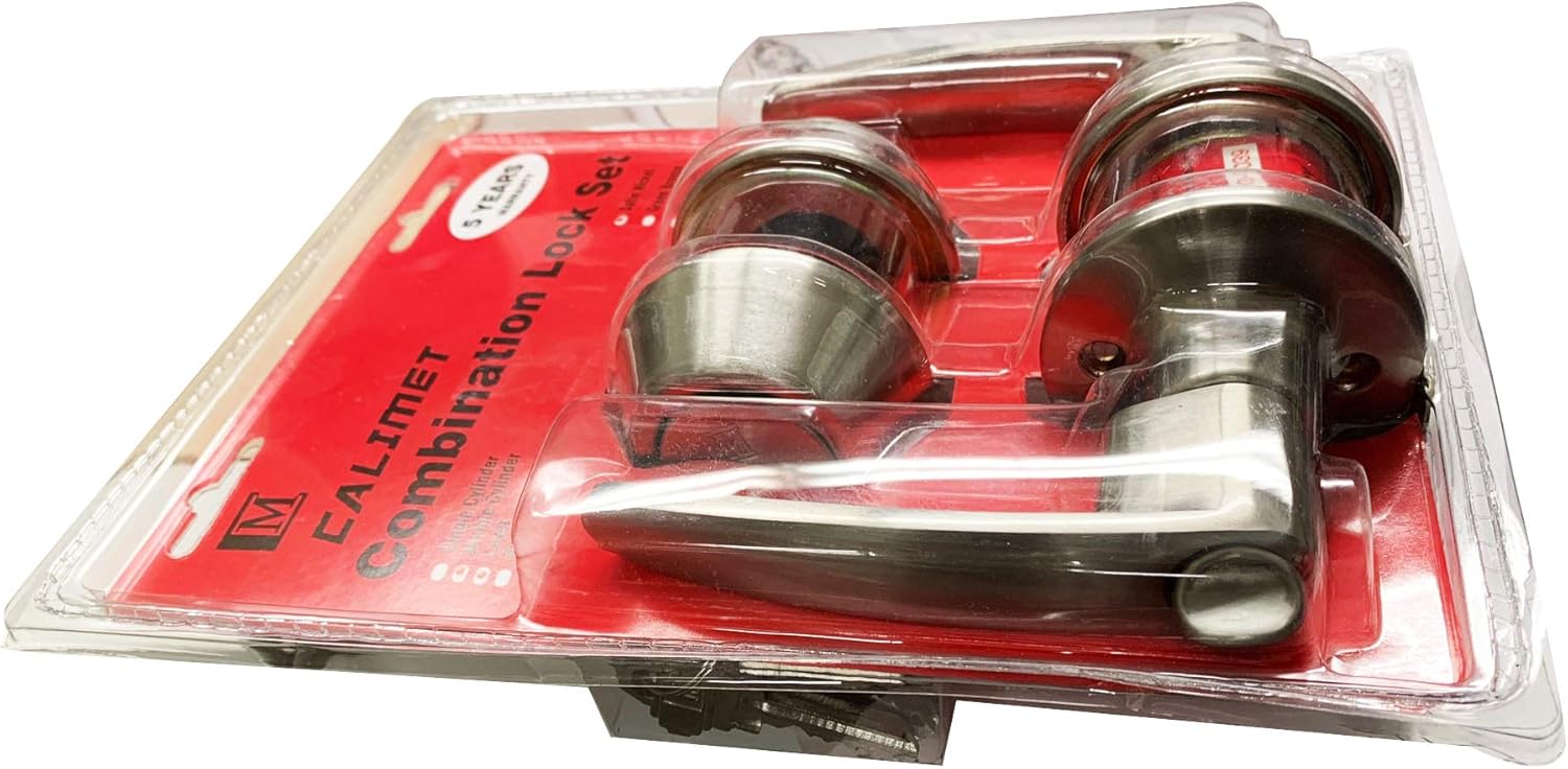 CALIMET Door Lever Lock Set, Keyed Knobs Lockset Handle, 2 Keys, Satin Nickel