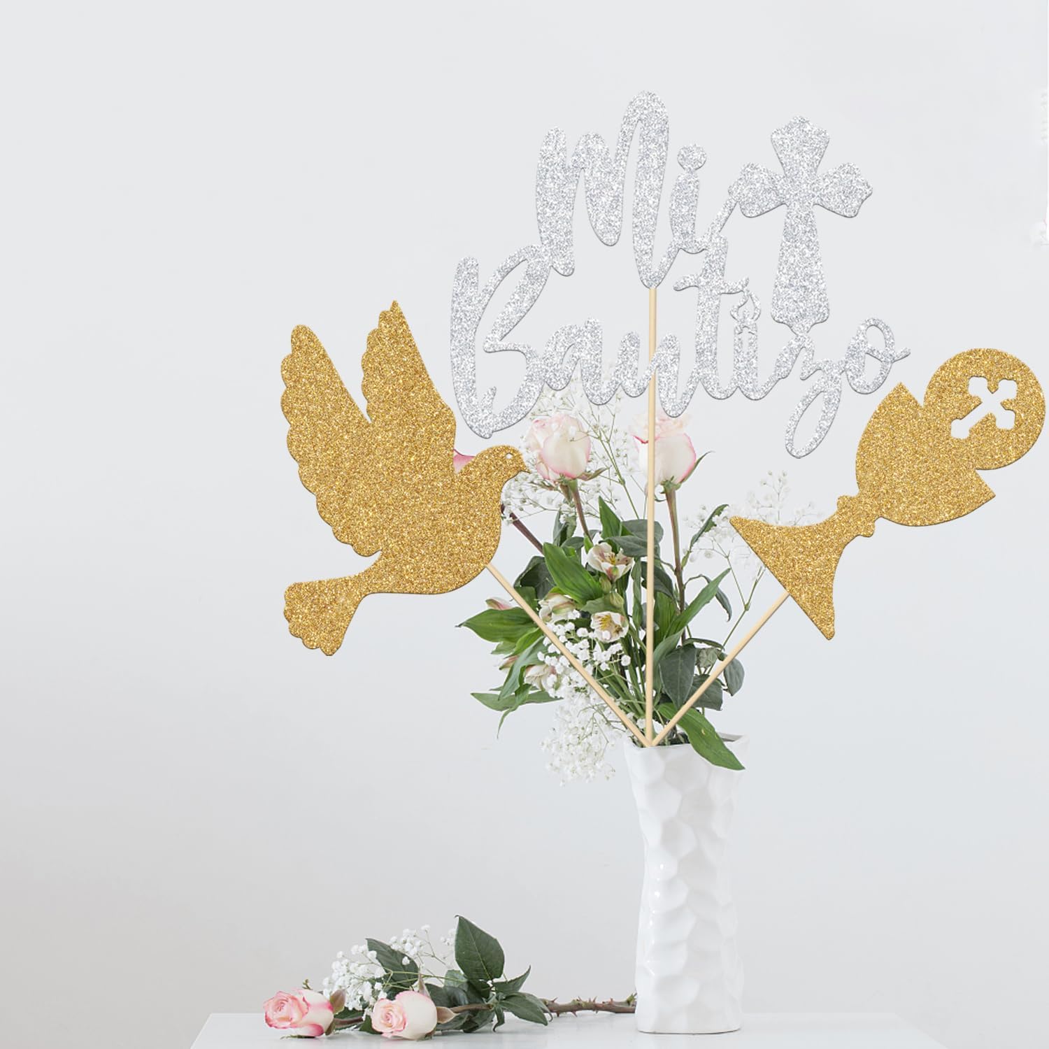 12Pcs Baptism Christening Party Decorations,Elegance Mi Bautizo Centerpiece Sticks, First Holy Communion Baptism Party Decorations, Religious Theme Baby Shower Party Supplies Gold Silver